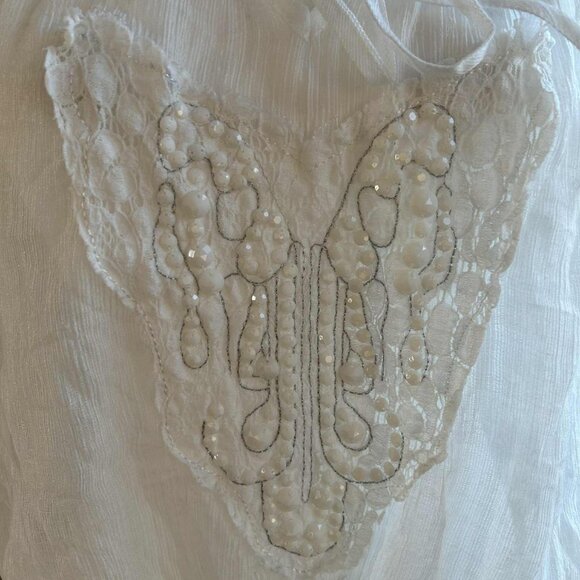 Sheer Ruffle White Peasant Blouse with Beaded Lace Applique - Smocked Hem – US M - Picture 3 of 9